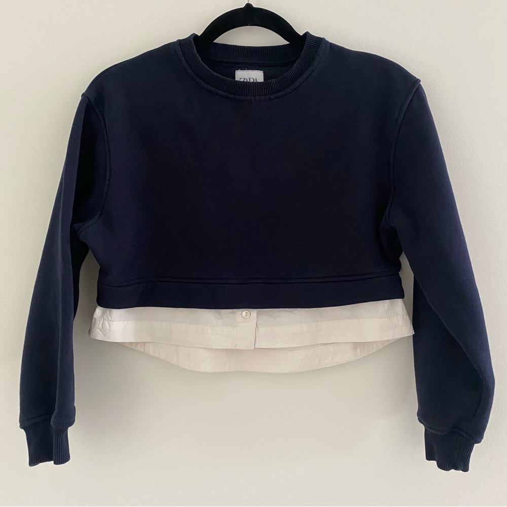 Zara Girl Layered-look Sweatshirt Crewneck Shirt Hem Pullover Navy Blue Sz11-12